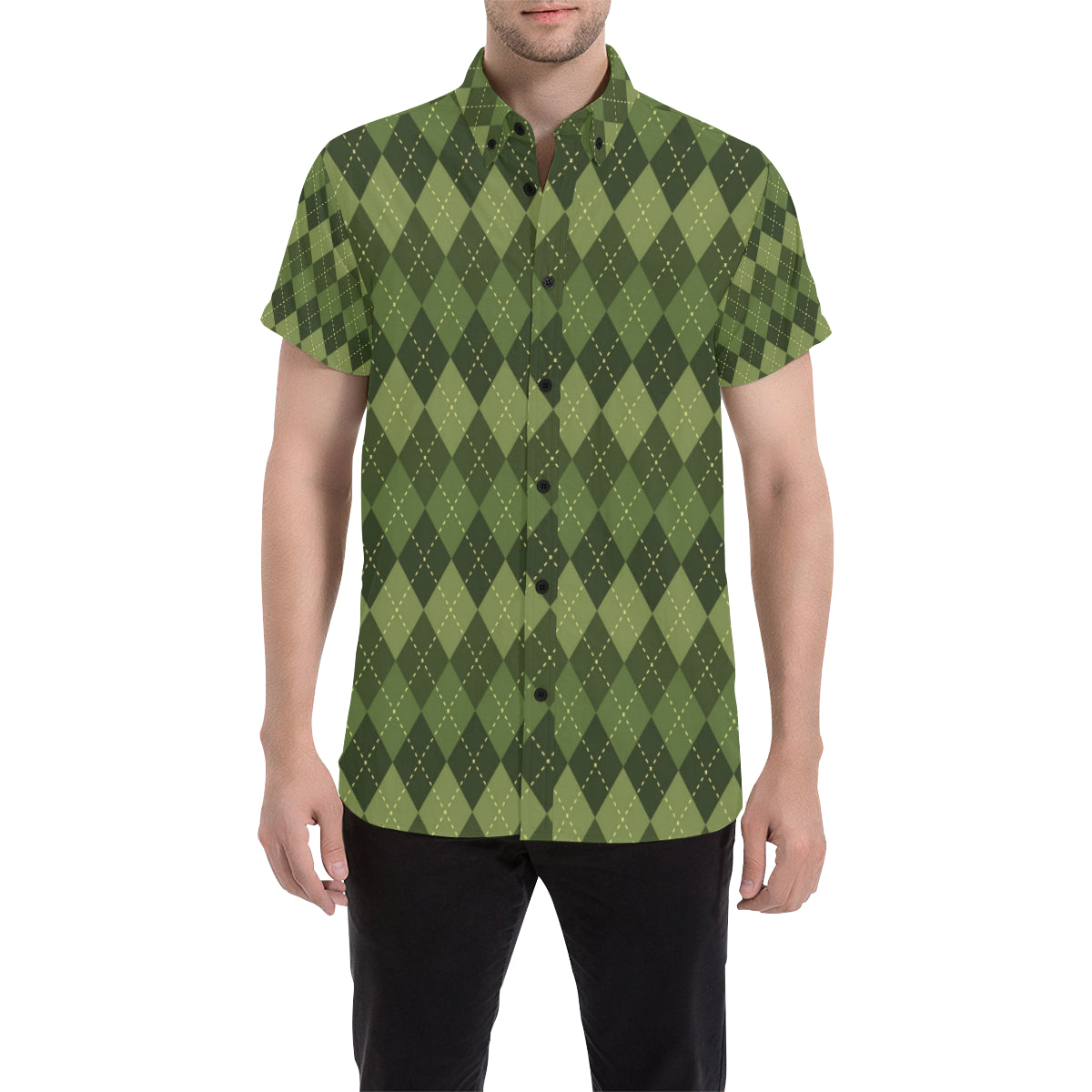 Argyle Green Pattern Print Design 01 Men's Short Sleeve Button Up Shirt