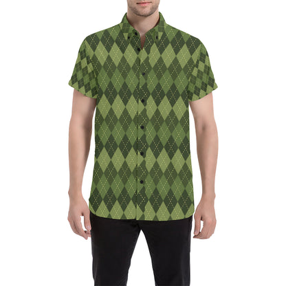 Argyle Green Pattern Print Design 01 Men's Short Sleeve Button Up Shirt