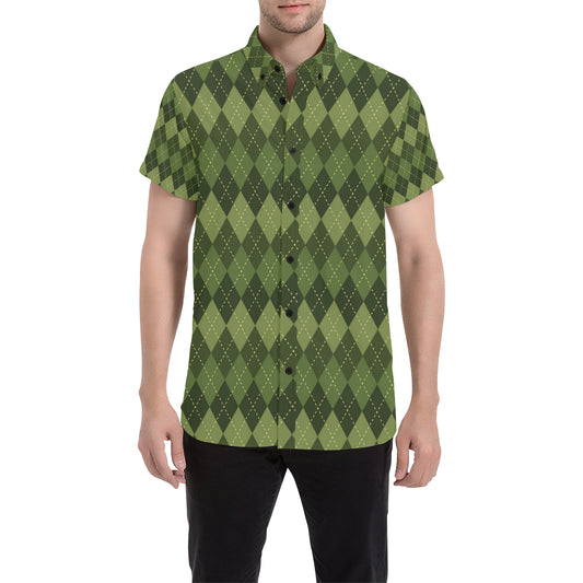 Argyle Green Pattern Print Design 01 Men's Short Sleeve Button Up Shirt