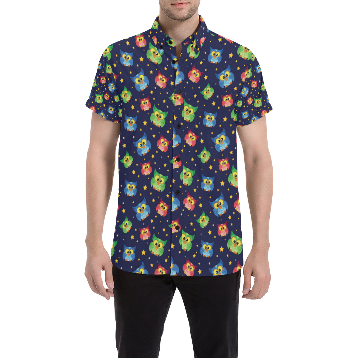 Owl with Star Themed Design Print Men's Short Sleeve Button Up Shirt