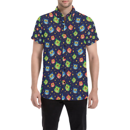 Owl with Star Themed Design Print Men's Short Sleeve Button Up Shirt