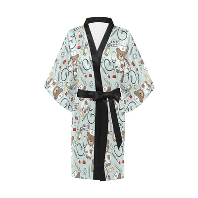 Nurse Bear Pattern Print Design A01 Women's Short Kimono