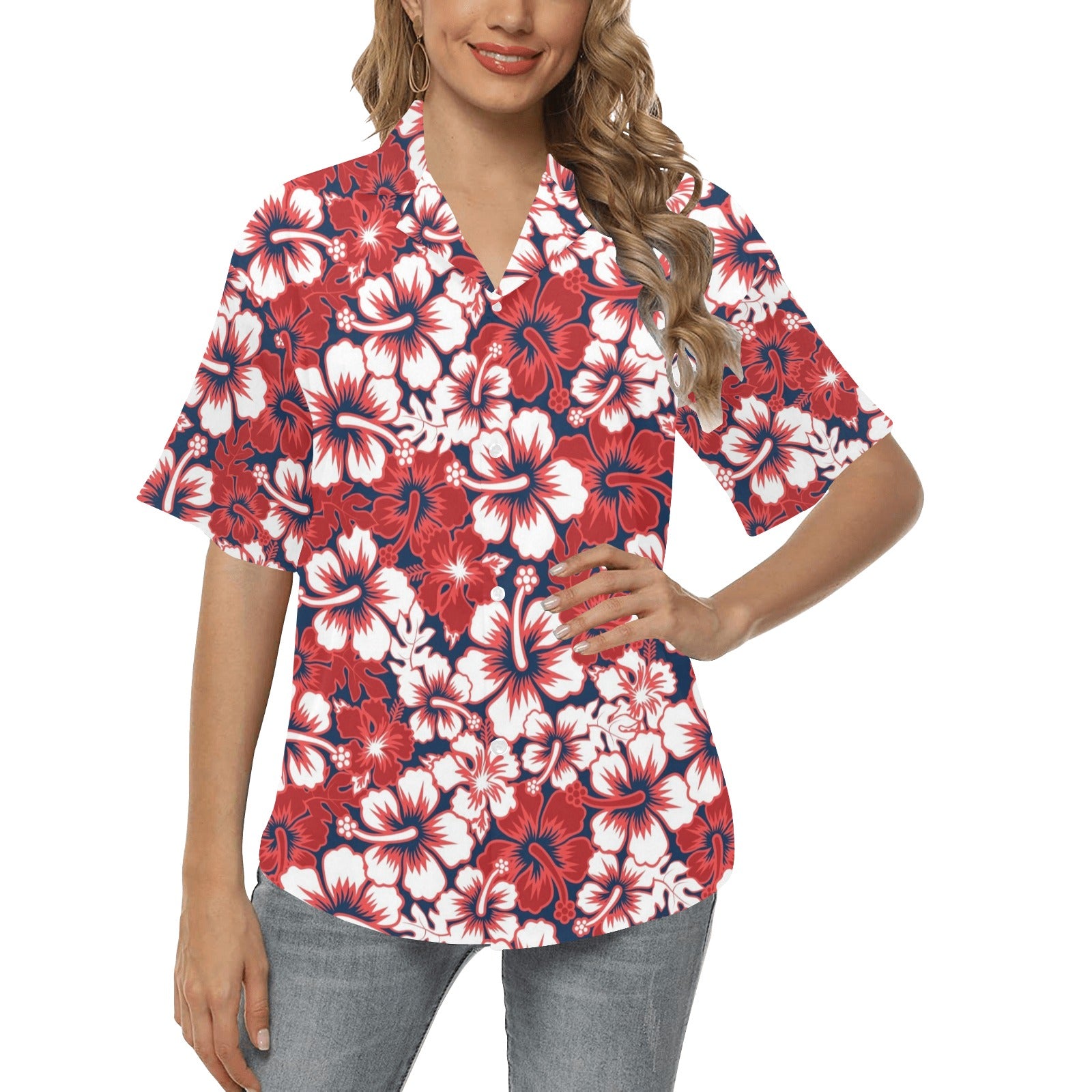 Red Hibiscus Pattern Print Design HB01 Women's Hawaiian Shirt