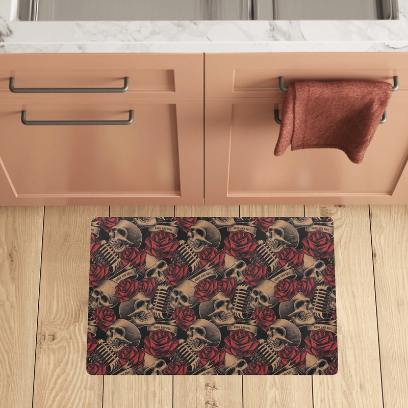 Microphone Skull Rose Pattern Print Design 02 Kitchen Mat