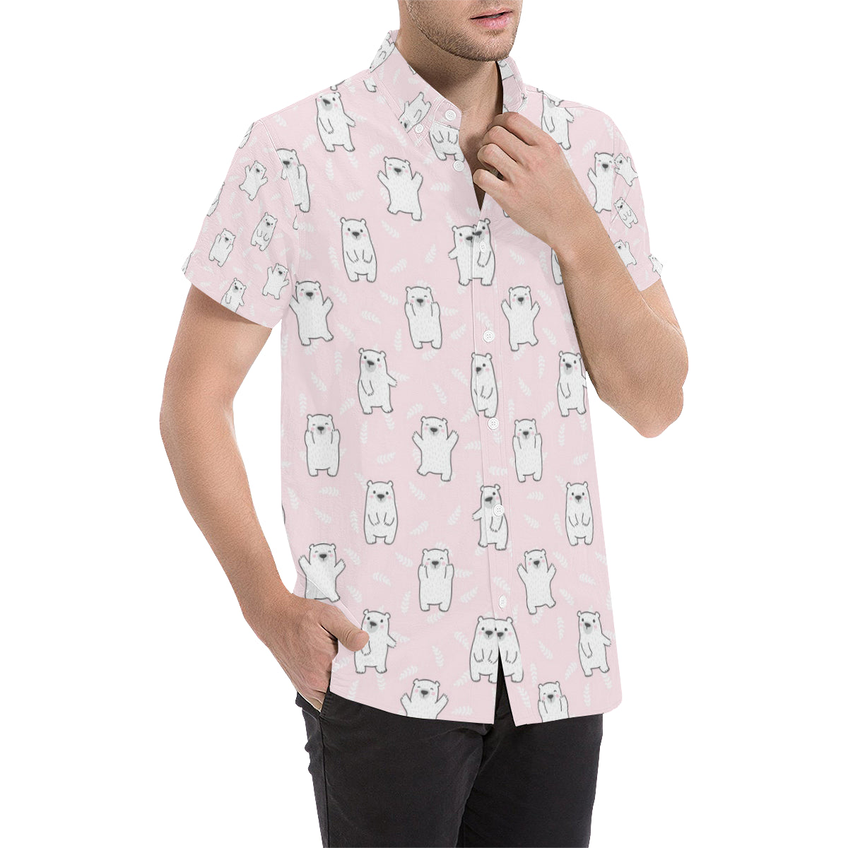 Polar Bear Pattern Print Design PB09 Men's Short Sleeve Button Up Shirt