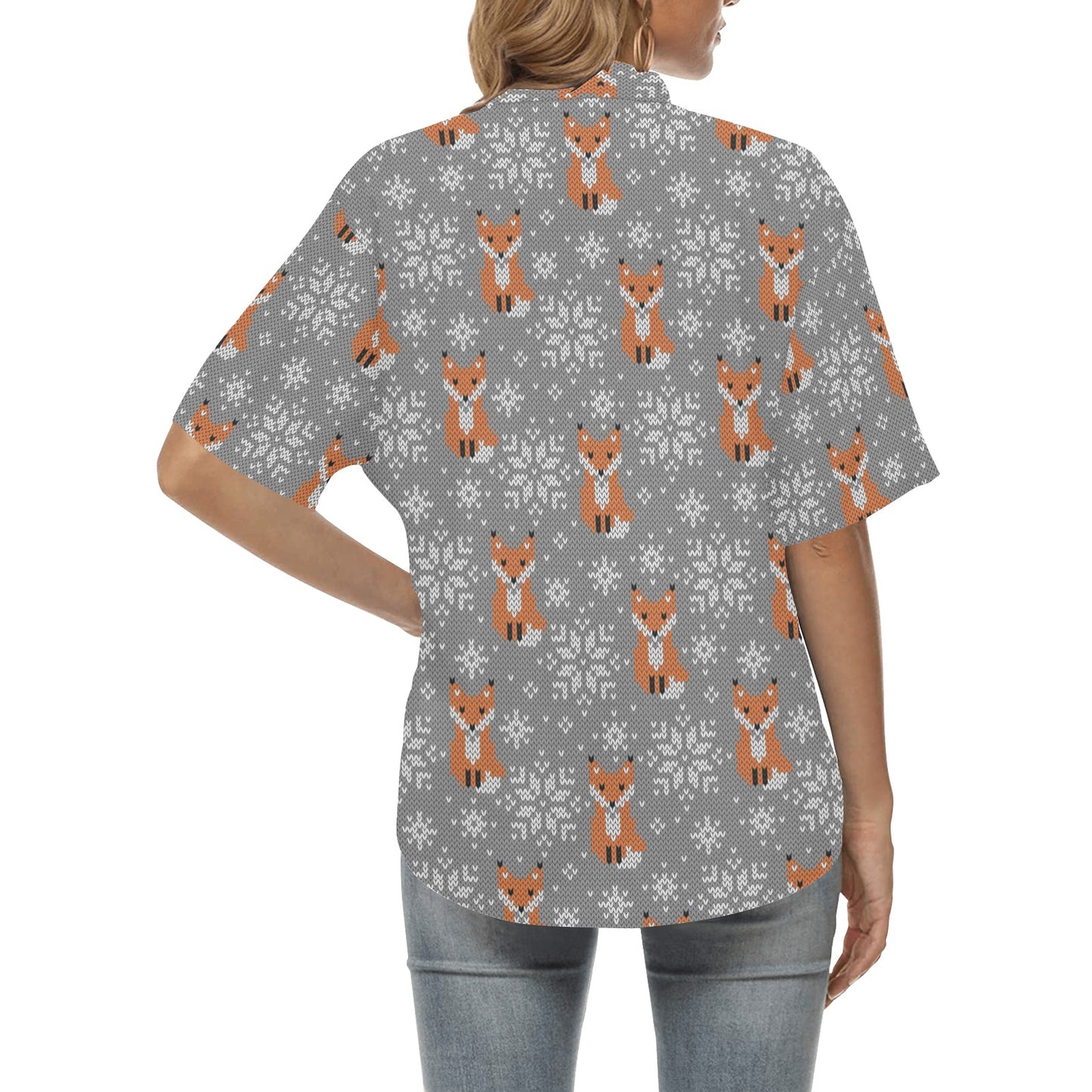 Knit Red Fox Pattern Print Design 02 Women's Hawaiian Shirt