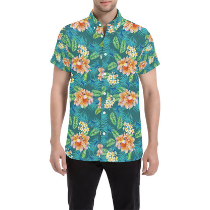 Plumeria Tropical Flower Design Print Men's Short Sleeve Button Up Shirt