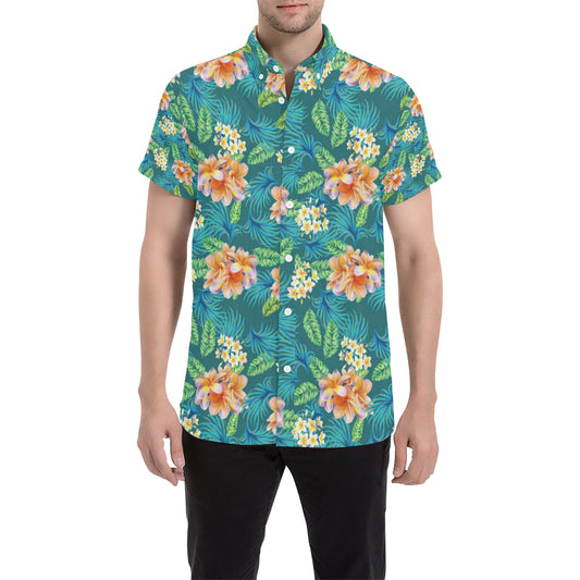 Plumeria Tropical Flower Design Print Men's Short Sleeve Button Up Shirt