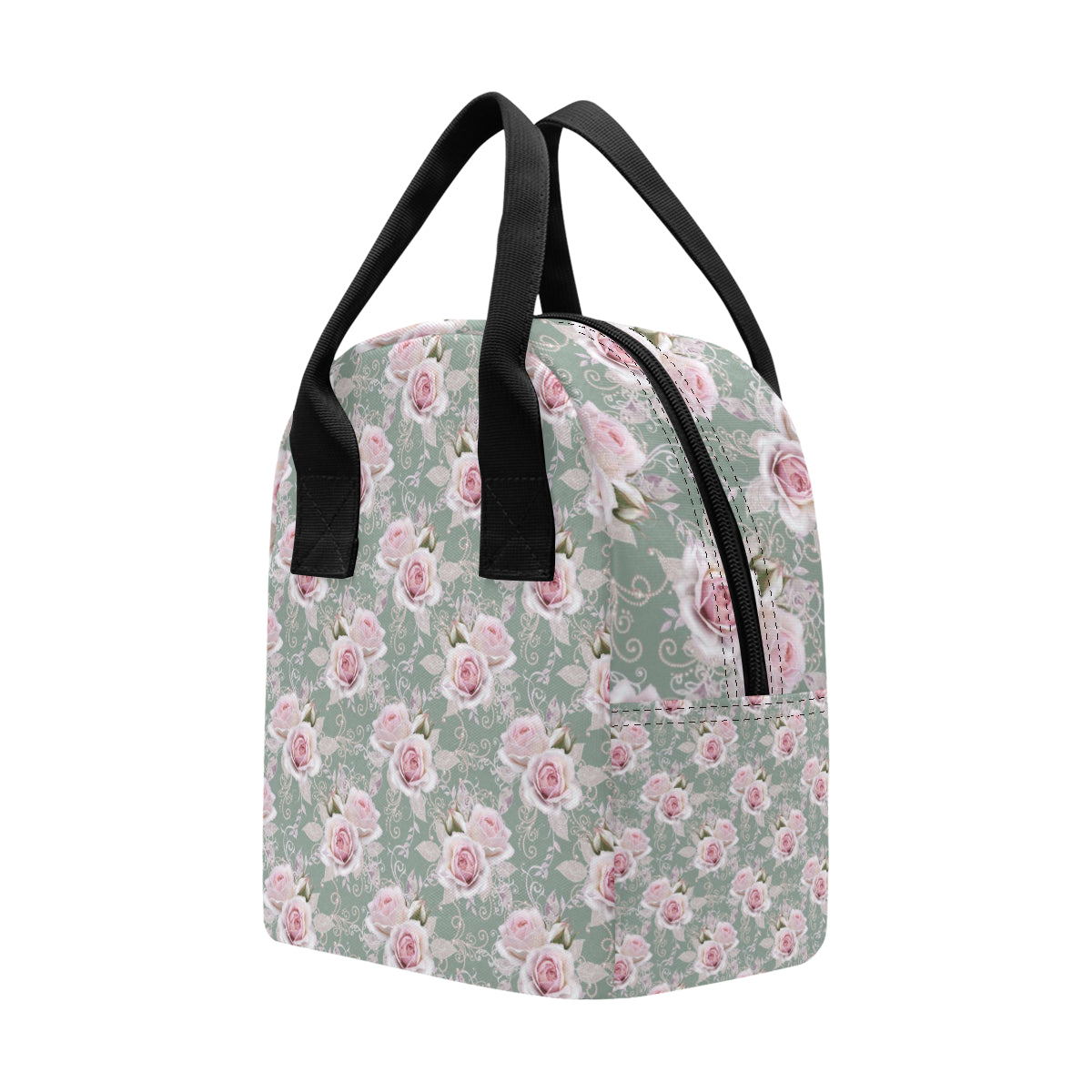 Rose White Pattern Print Design RO012 Insulated Lunch Bag