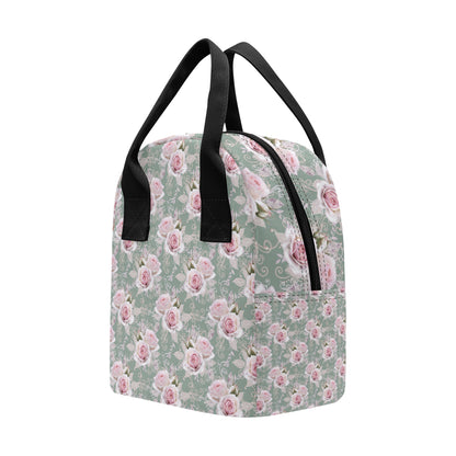 Rose White Pattern Print Design RO012 Insulated Lunch Bag