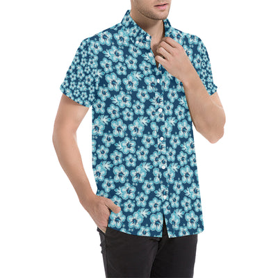 Hibiscus Flower Hawaiian Themed Men's Short Sleeve Button Up Shirt