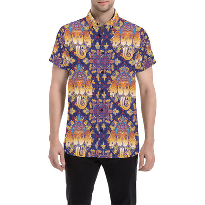Ganesha Pattern Print Design 01 Men's Short Sleeve Button Up Shirt