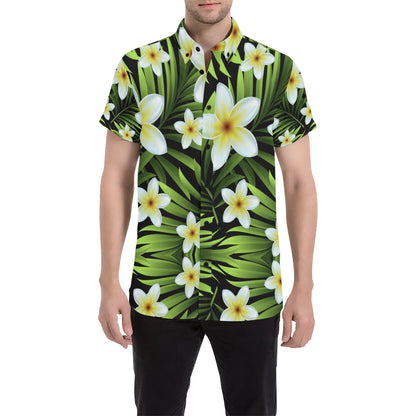 White Plumeria Pattern Print Design PM06 Men's Short Sleeve Button Up Shirt