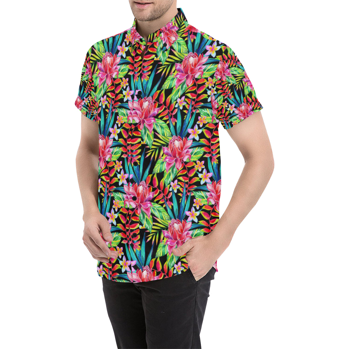 Heliconia Pattern Print Design HL02 Men's Short Sleeve Button Up Shirt