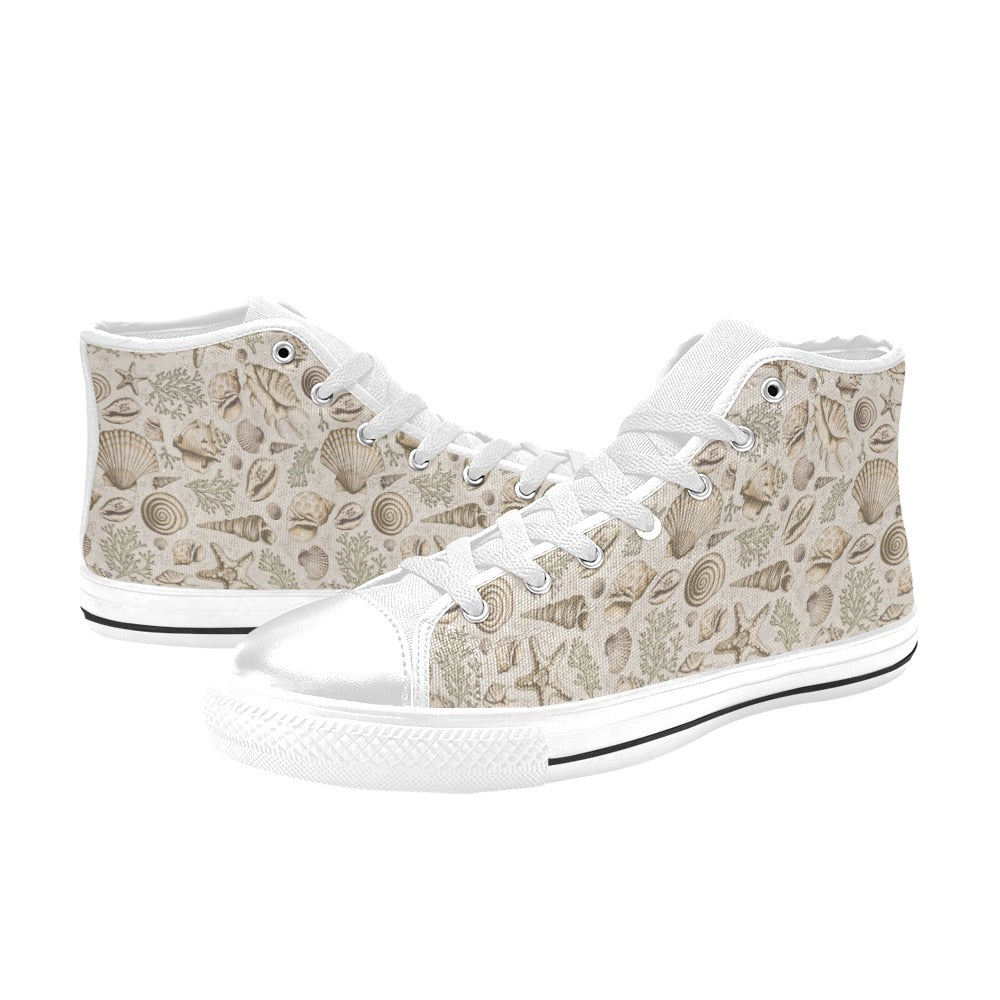 Seashell Print Design LKS304 High Top Women's White Shoes