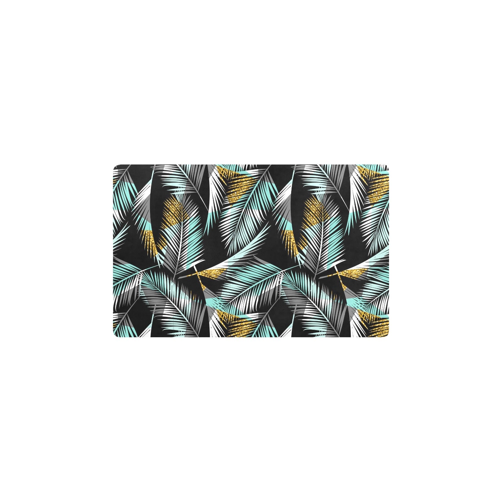 Gold Glitter Cyan Tropical Palm Leaves Kitchen Mat