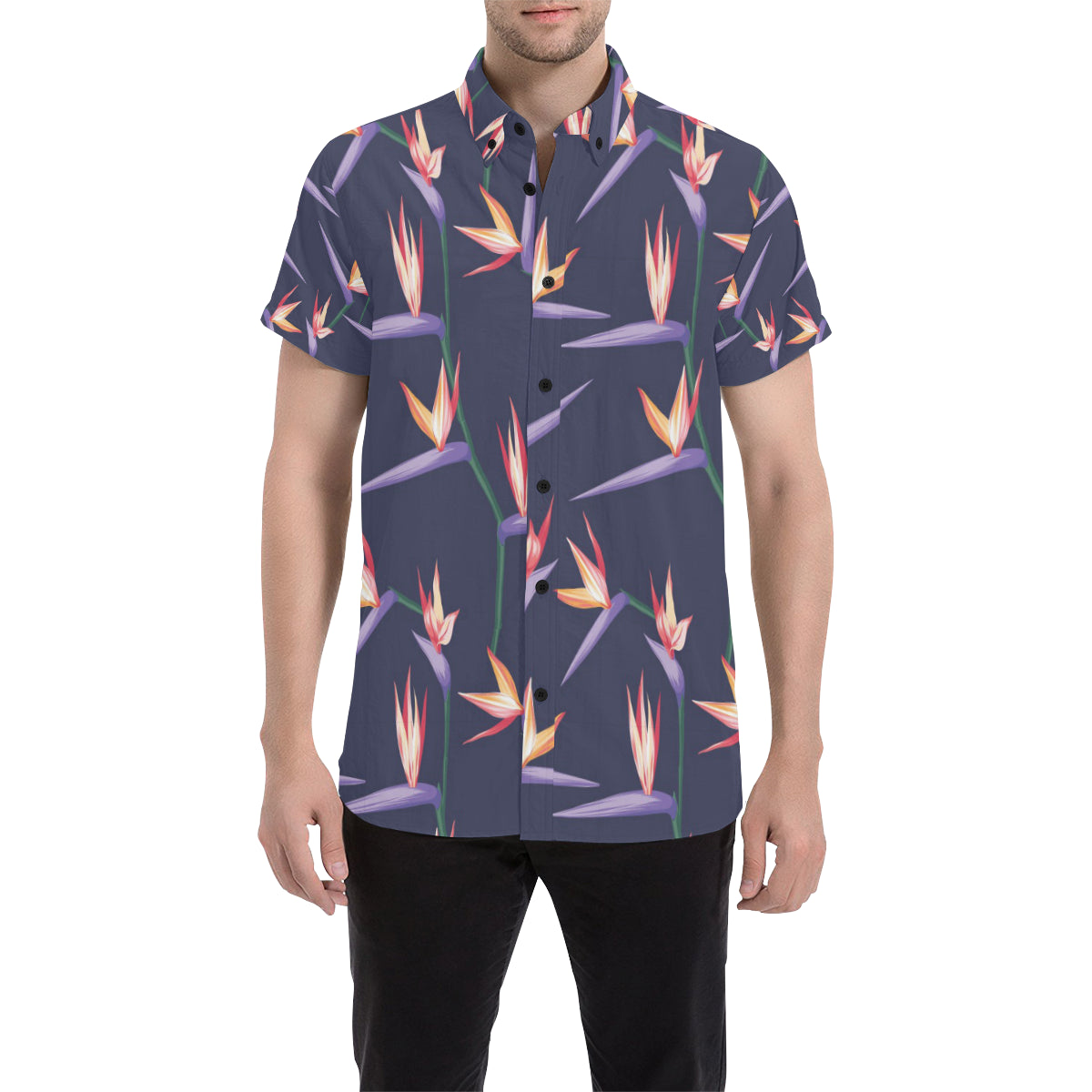 Bird Of Paradise Pattern Print Design BOP015 Men's Short Sleeve Button Up Shirt