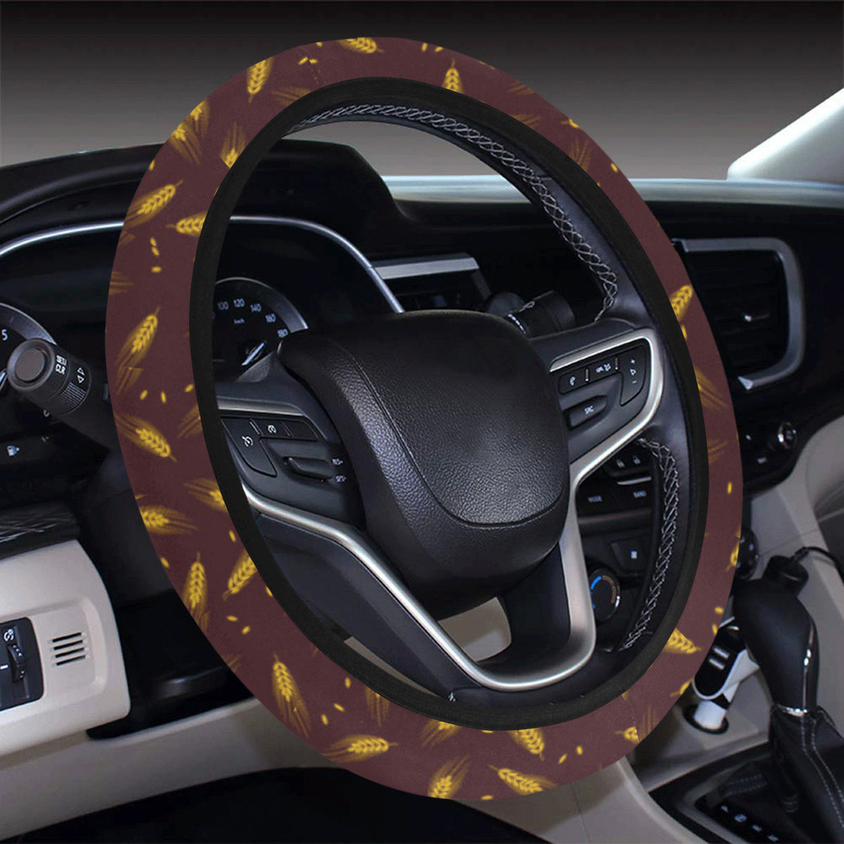 Agricultural Gold Wheat Print Pattern Steering Wheel Cover with Elastic Edge