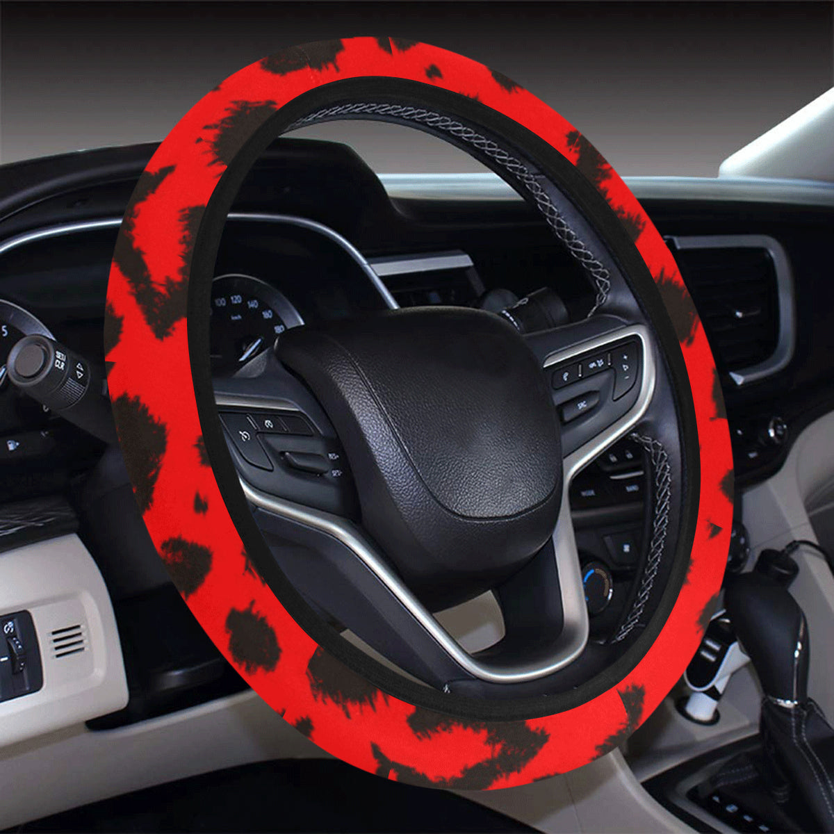 Leopard Red Skin Print Steering Wheel Cover with Elastic Edge
