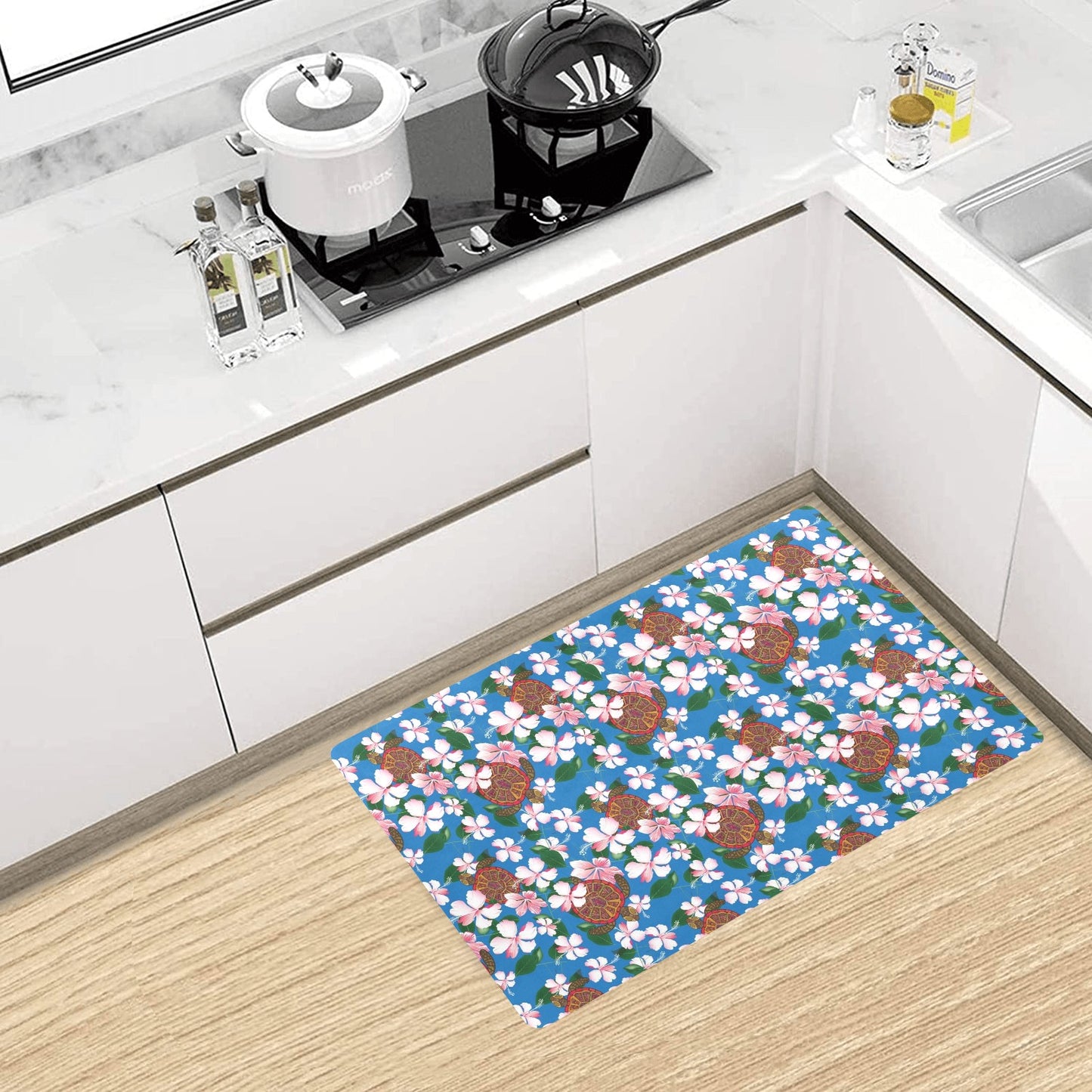 Sea Turtle Pink Hibiscus Hawaiian Print Kitchen Mat