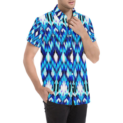 Ikat Blue Pattern Print Design 01 Men's Short Sleeve Button Up Shirt