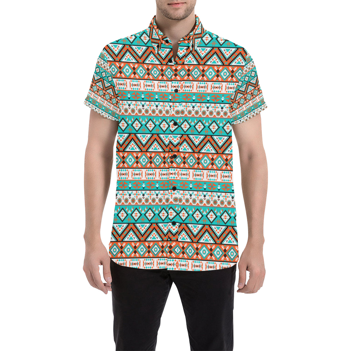 Navajo Style Print Pattern Men's Short Sleeve Button Up Shirt