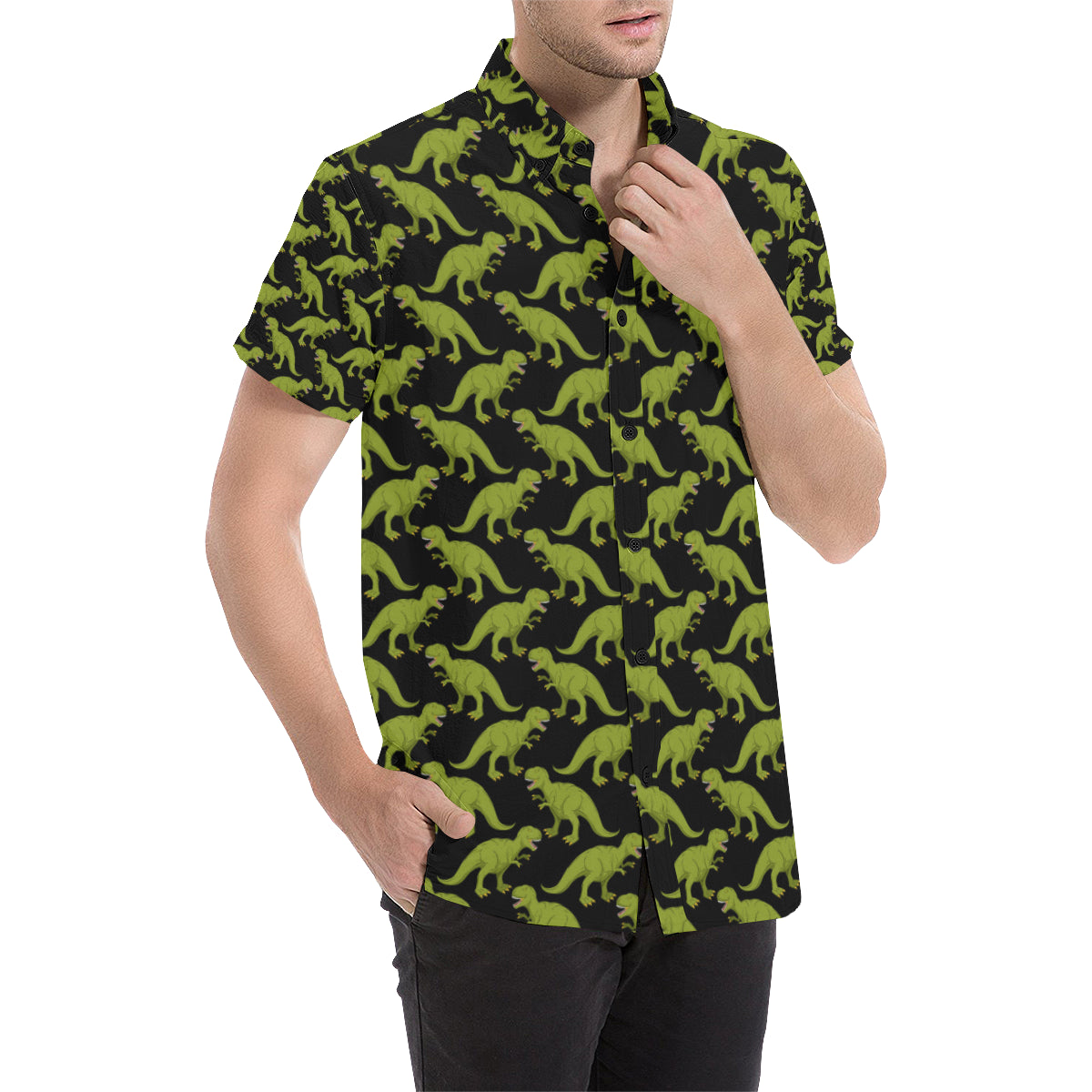 T Rex Pattern Print Design A02 Men's Short Sleeve Button Up Shirt