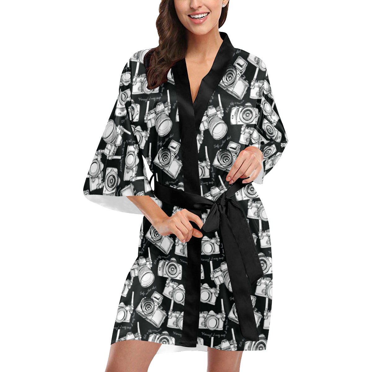 Camera Pattern Print Design 01 Women's Short Kimono