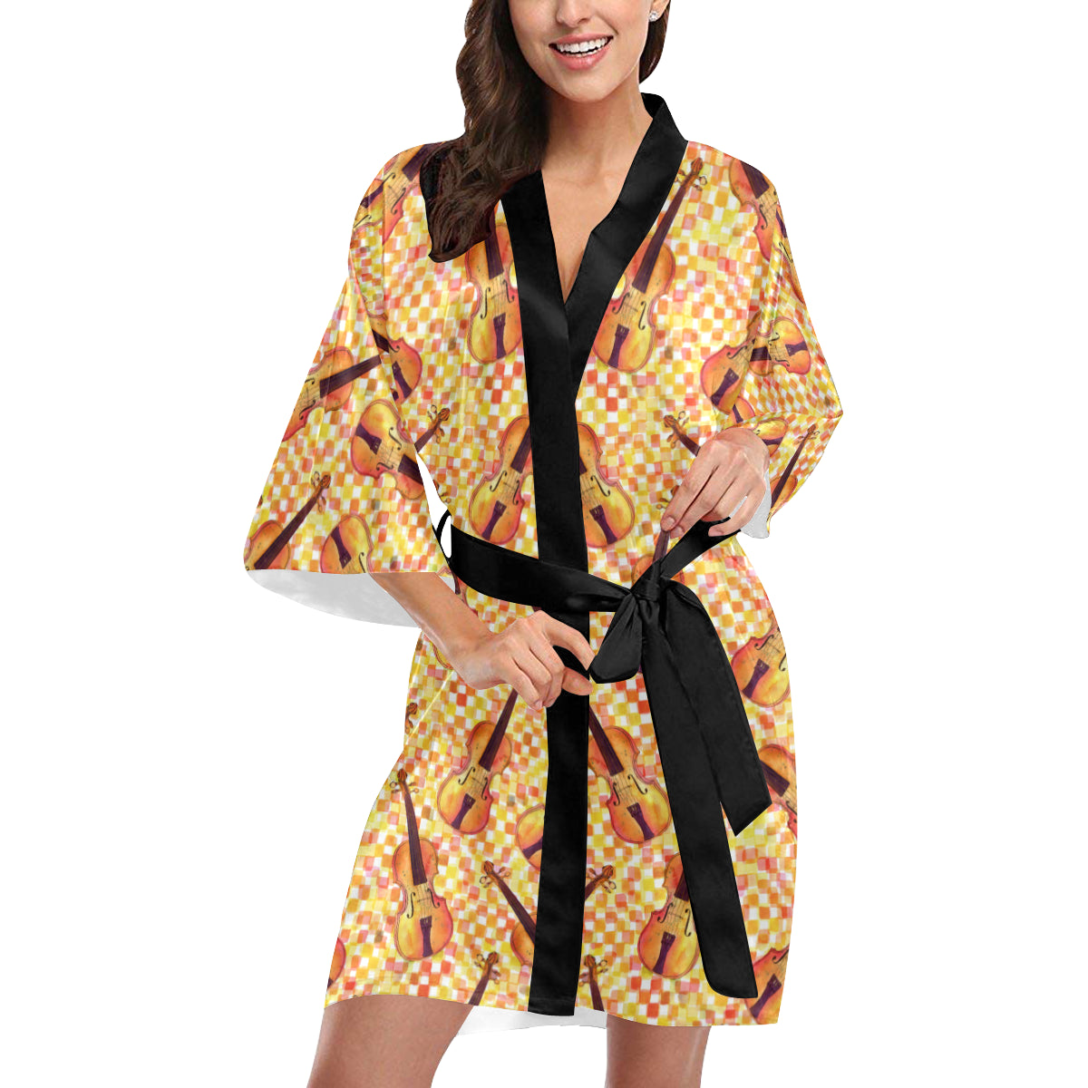 Violin Pattern Print Design 03 Women's Short Kimono