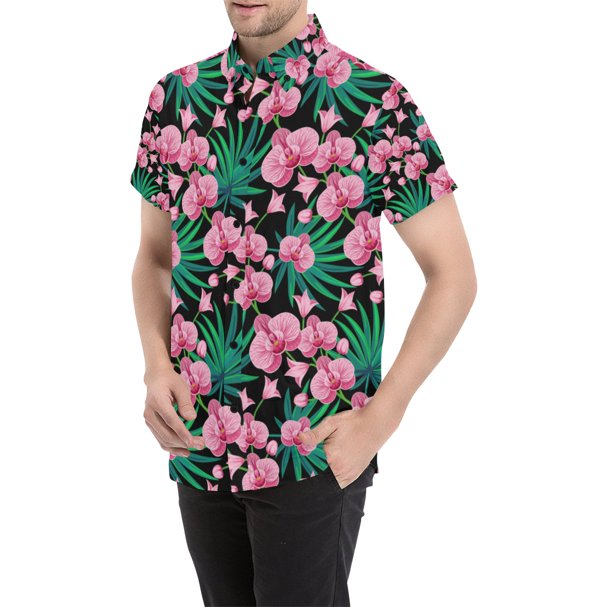 Orchid Pink Pattern Print Design OR06 Men's Short Sleeve Button Up Shirt