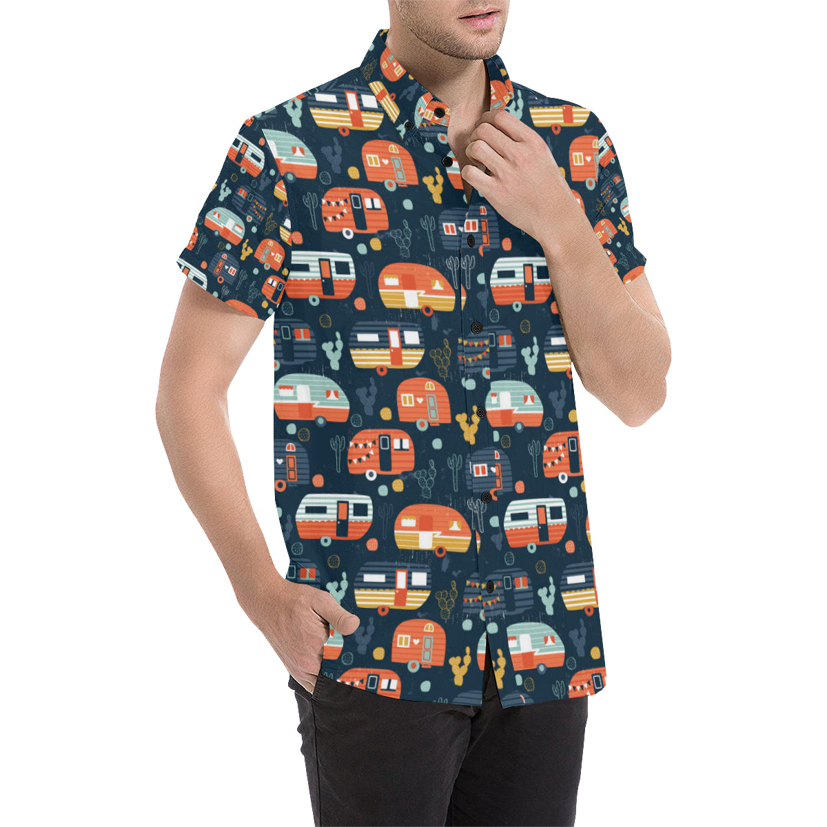 Camper Caravan Print Pattern Men's Short Sleeve Button Up Shirt