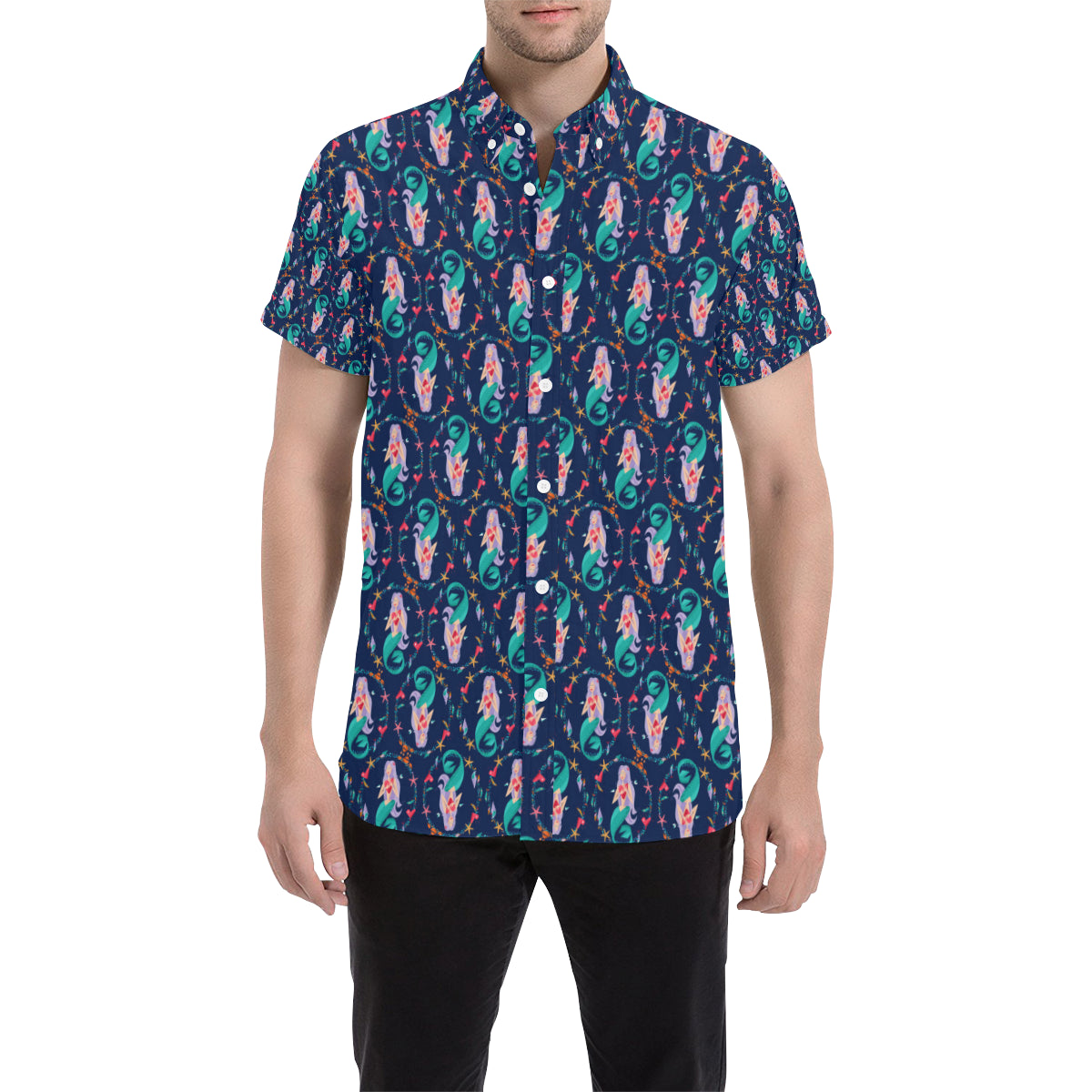 Mermaid Girl Cute Design Print Men's Short Sleeve Button Up Shirt