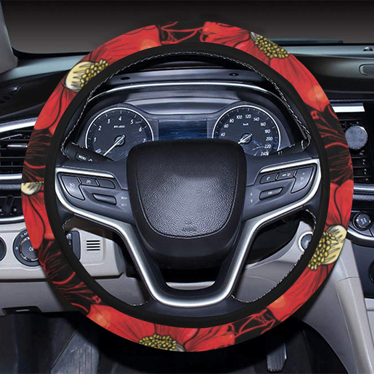 Camellia Pattern Print Design CM06 Steering Wheel Cover with Elastic Edge