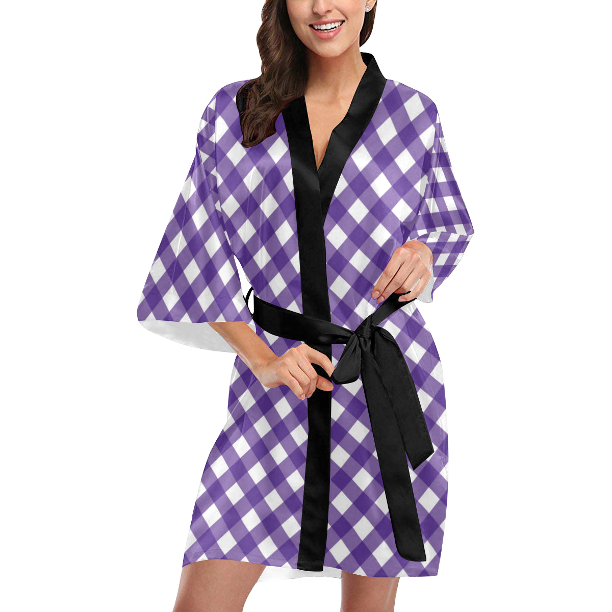 Gingham Purple Pattern Print Design 03 Women's Short Kimono