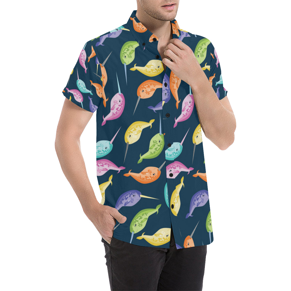 Narwhal Colorful Pattern Print Design 03 Men's Short Sleeve Button Up Shirt