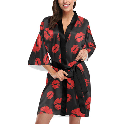 Lip Red Pattern Print Design 02 Women's Short Kimono