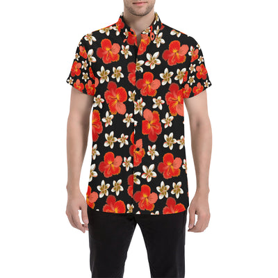 Red Hibiscus Pattern Print Design HB022 Men's Short Sleeve Button Up Shirt