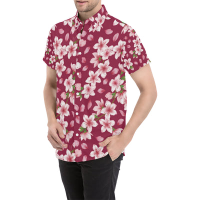 Cherry Blossom Pattern Print Design CB06 Men's Short Sleeve Button Up Shirt