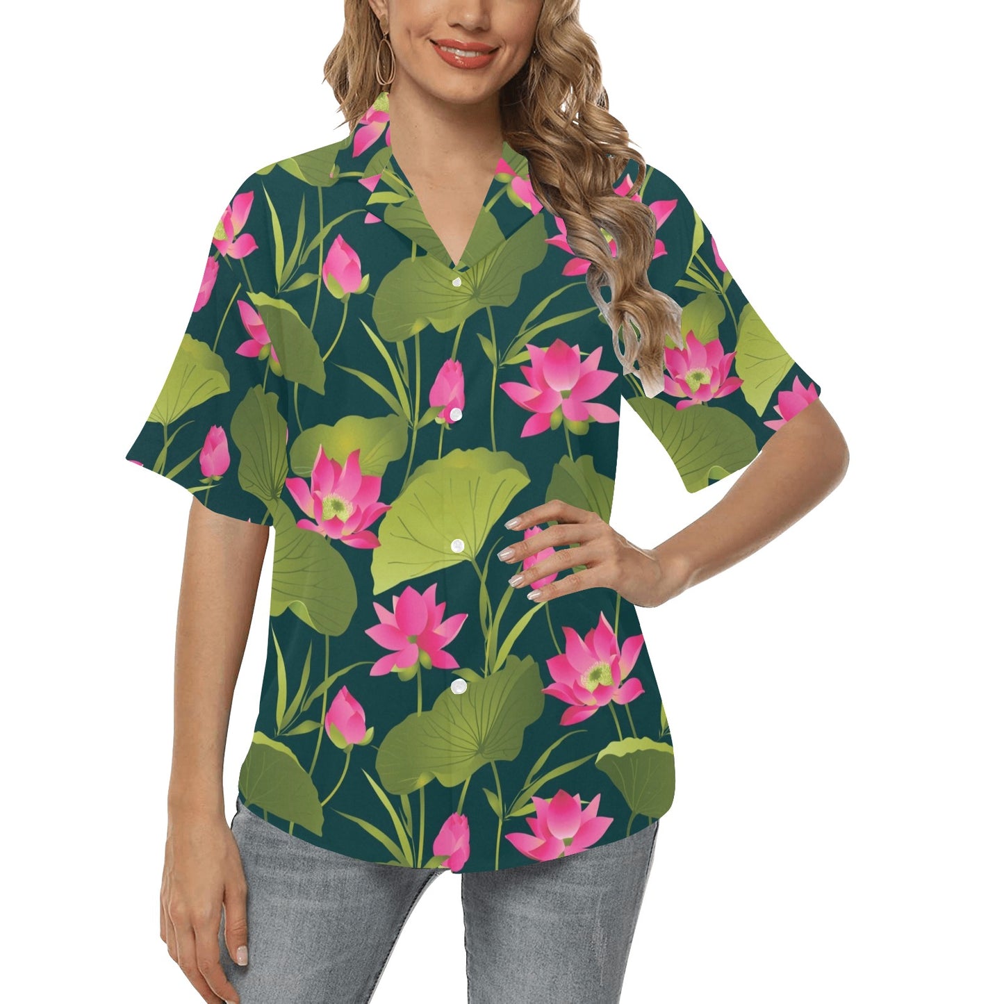 Water Lily Pattern Print Design WL09 Women's Hawaiian Shirt
