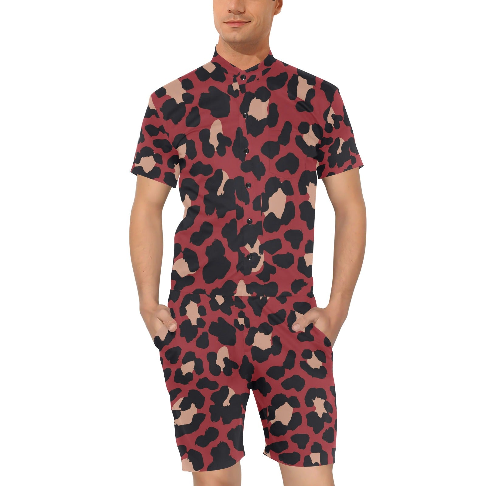 Cheetah Red Print Pattern Men's Romper