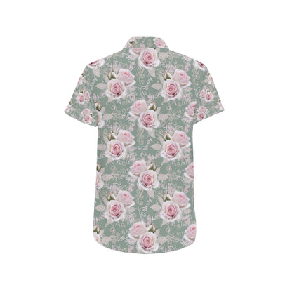 Rose White Pattern Print Design RO012 Men's Short Sleeve Button Up Shirt