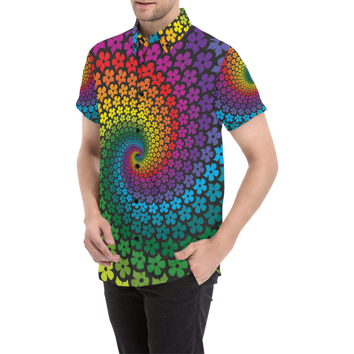 Flower Power Rainbow Spiral Print Men's Short Sleeve Button Up Shirt