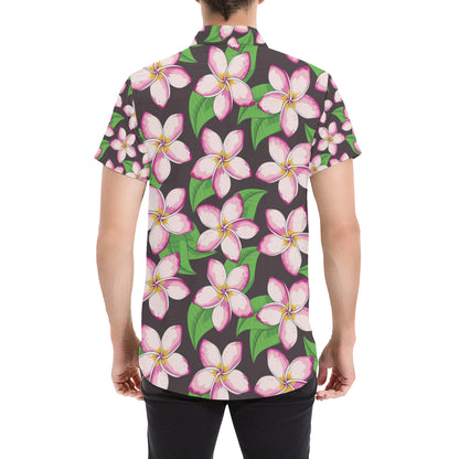 Pink Plumeria Pattern Print Design PM019 Men's Short Sleeve Button Up Shirt