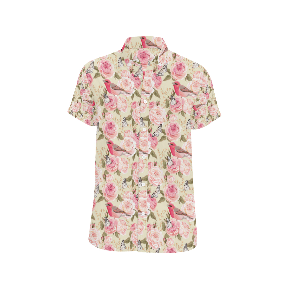 Bird Butterfly Pink Flower Print Pattern Men's Short Sleeve Button Up Shirt