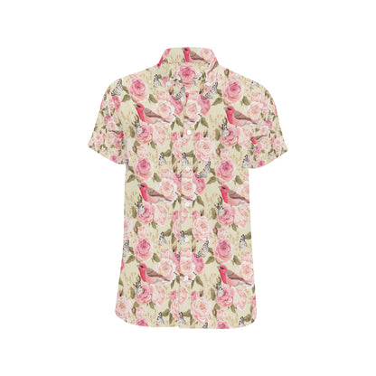 Bird Butterfly Pink Flower Print Pattern Men's Short Sleeve Button Up Shirt