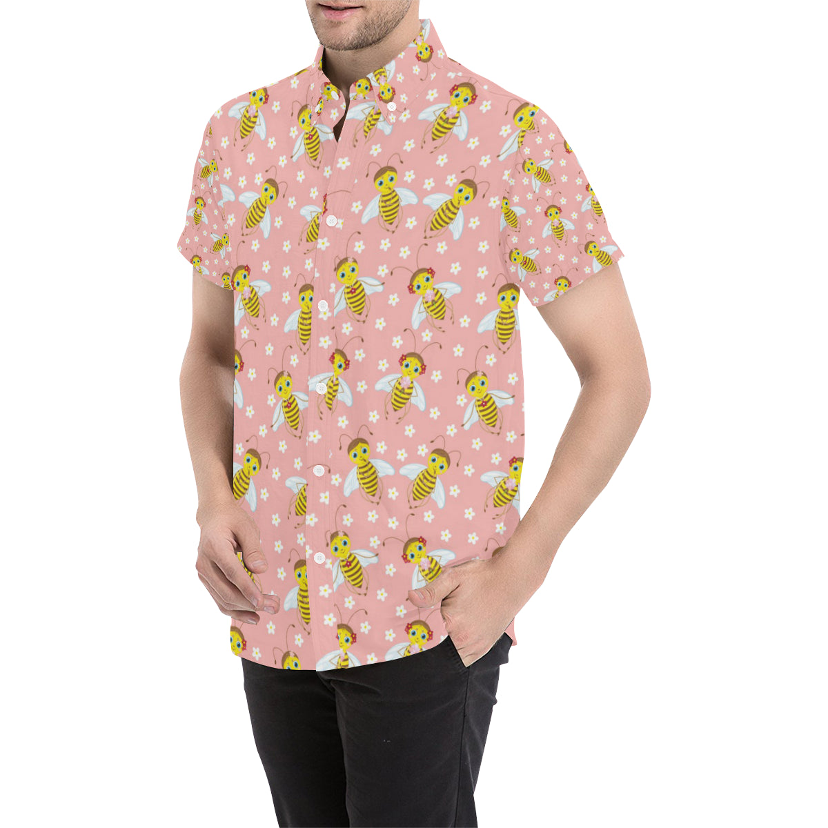 Bee Pattern Print Design BEE07 Men's Short Sleeve Button Up Shirt
