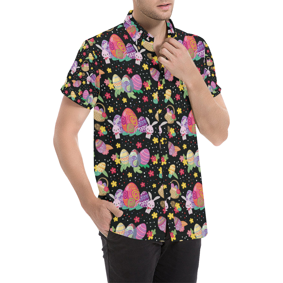 Easter Eggs Pattern Print Design RB06 Men's Short Sleeve Button Up Shirt