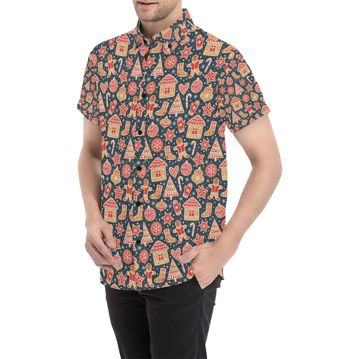 Gingerbread Pattern Print Design 03 Men's Short Sleeve Button Up Shirt