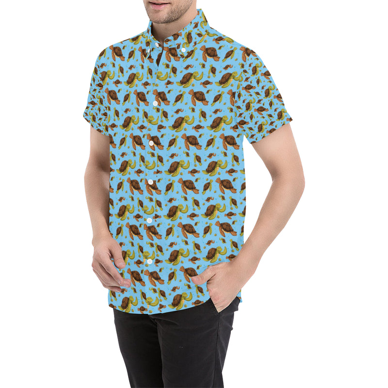 Hello Sea Turtle Print Pattern Men's Short Sleeve Button Up Shirt