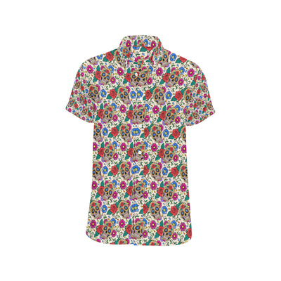 Sugar Skull Colorful Themed Print Men's Short Sleeve Button Up Shirt